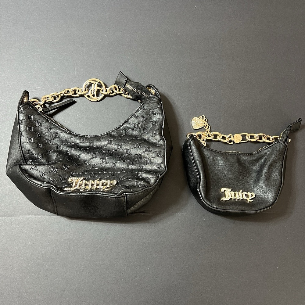 Juicy Couture Black Embossed Logo Chain Strap Hobo Bag Purse Set 2 Piece Y2K - Picture 1 of 5